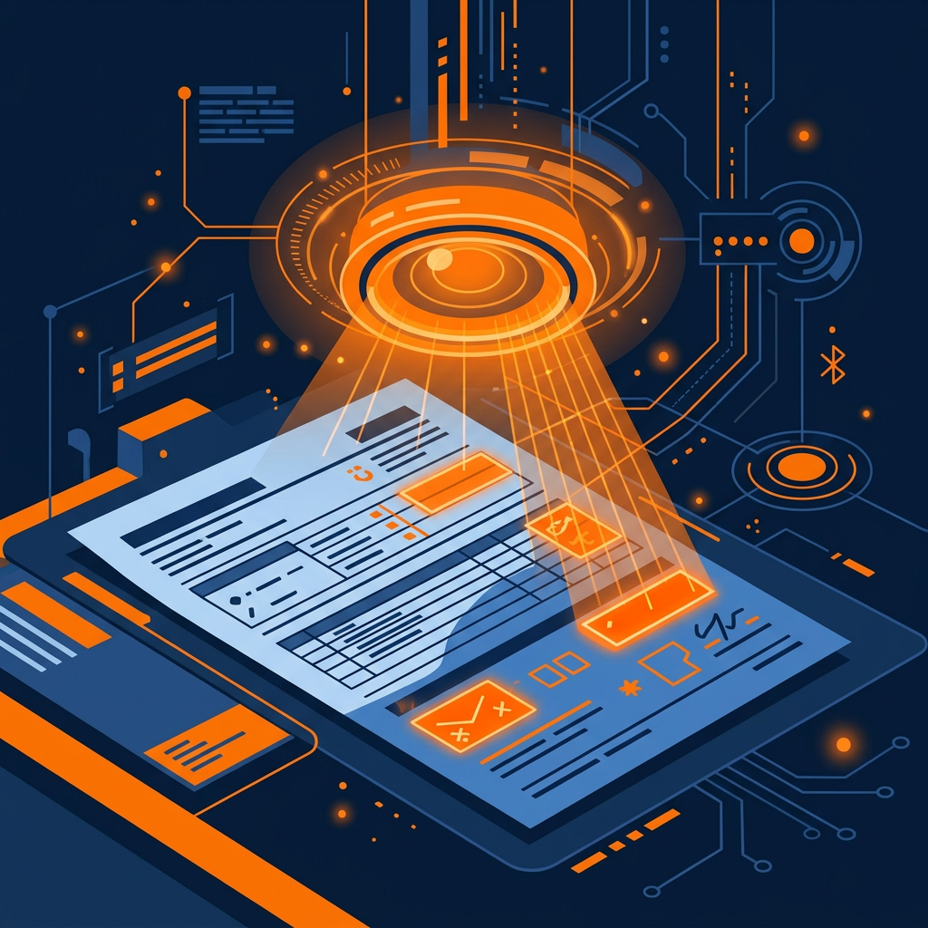 Illustration of a contractor's bid document being scanned by a glowing AI lens that highlights hidden errors in orange