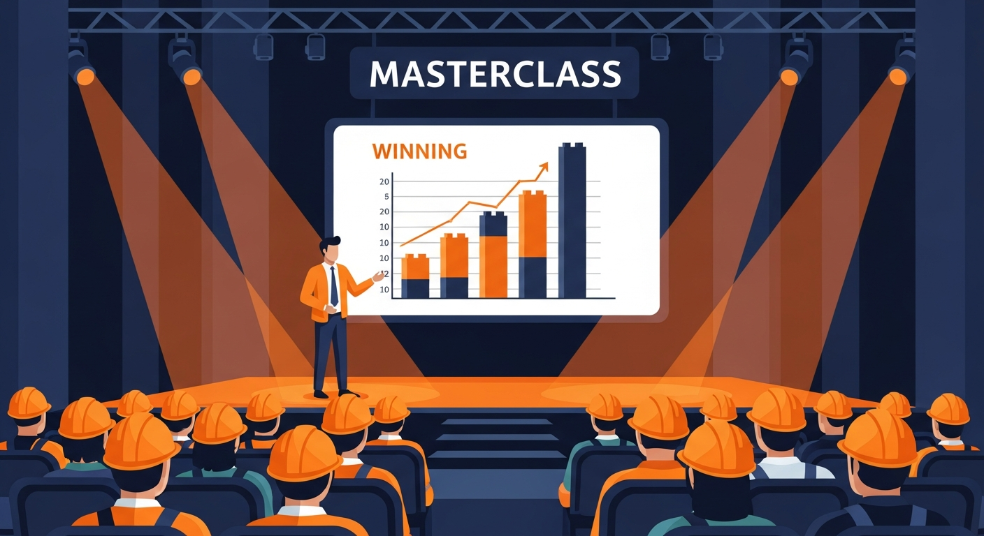 Illustration of a presenter on a masterclass stage beside a screen showing a winning bar chart built from building blocks