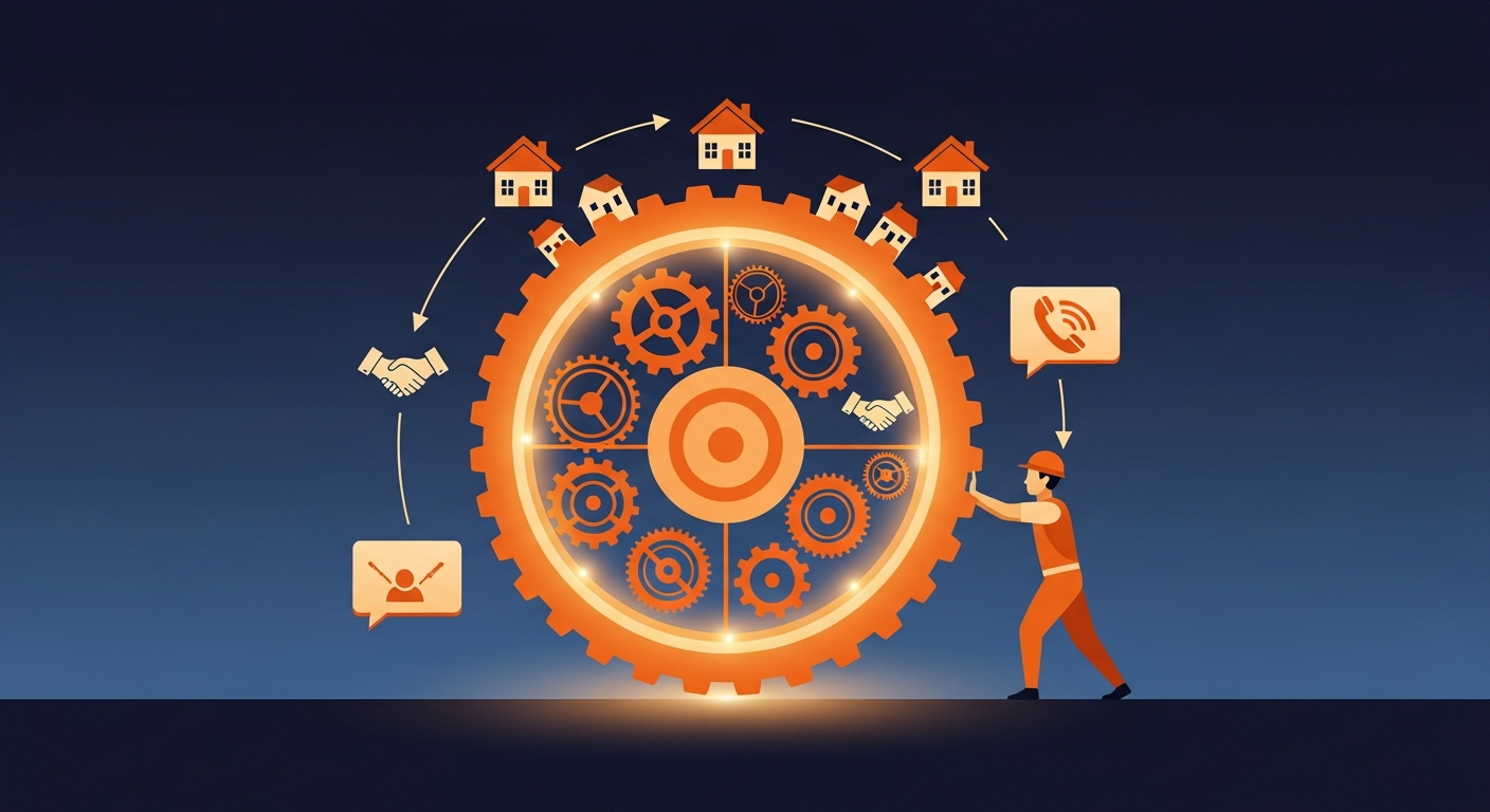 Illustration of a glowing flywheel of interconnected gears with houses, phones, and handshake icons orbiting as a contractor pushes it