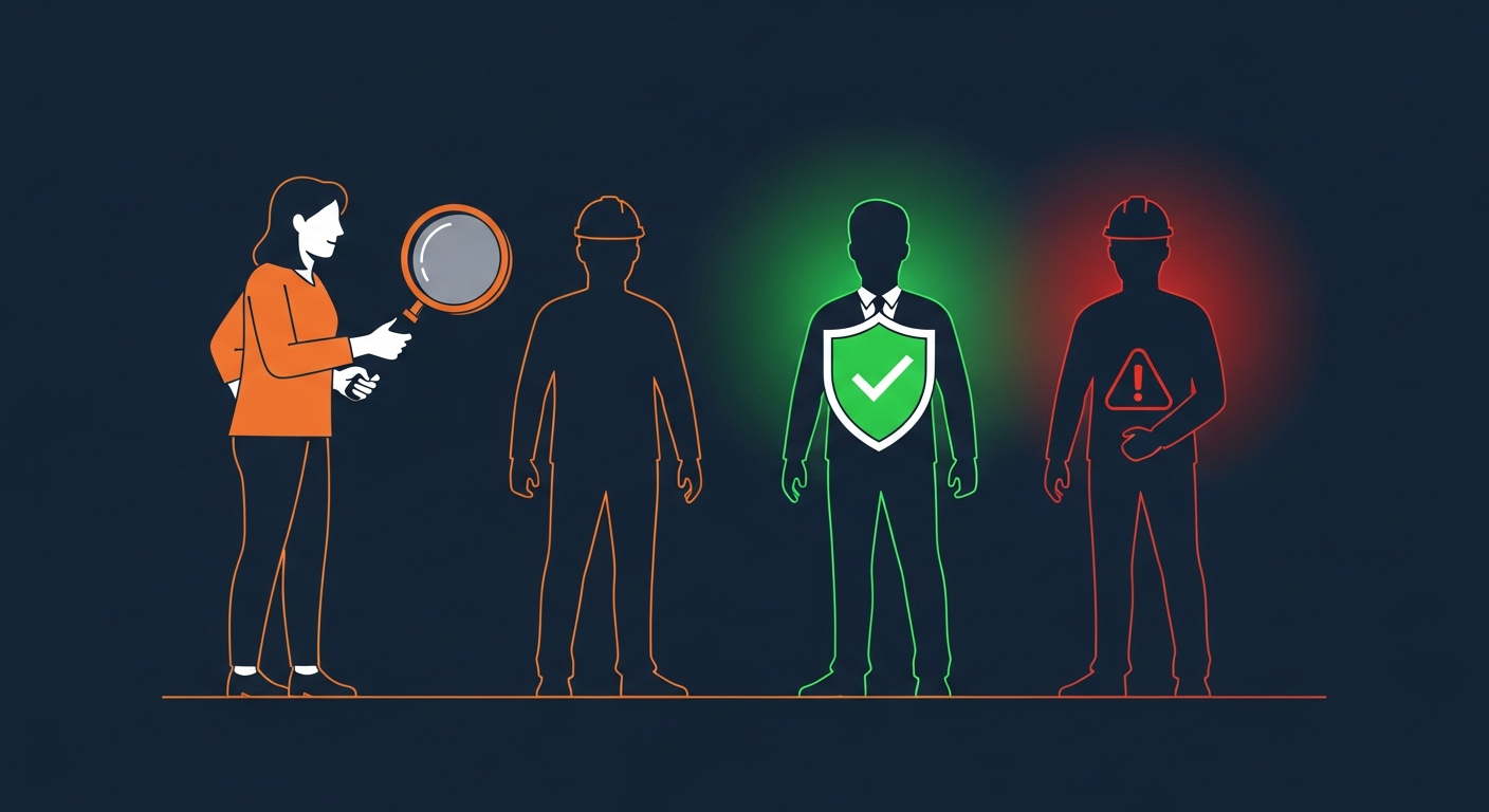Illustration of a homeowner holding a magnifying glass up to three contractor silhouettes, one glowing green with a check shield