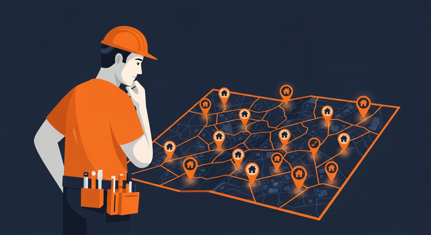 Illustration of a contractor with a toolbelt studying a map dotted with glowing house pins connected by roads