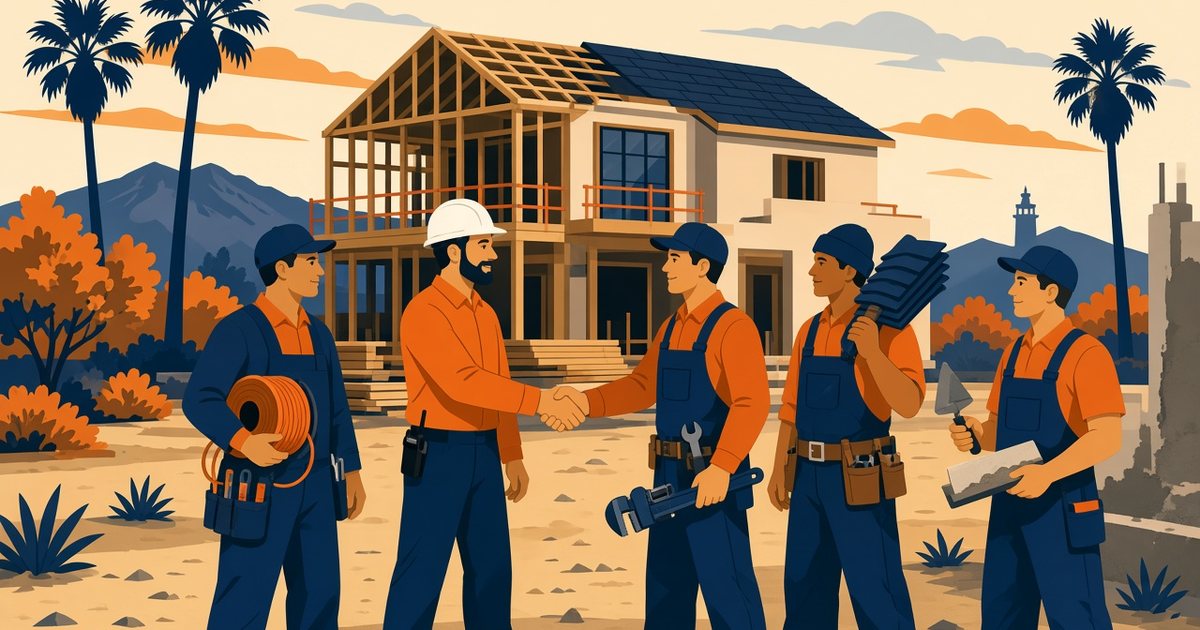 General contractor reviewing plans with subcontractors on a Los Angeles job site, illustrating how to find subcontractors
