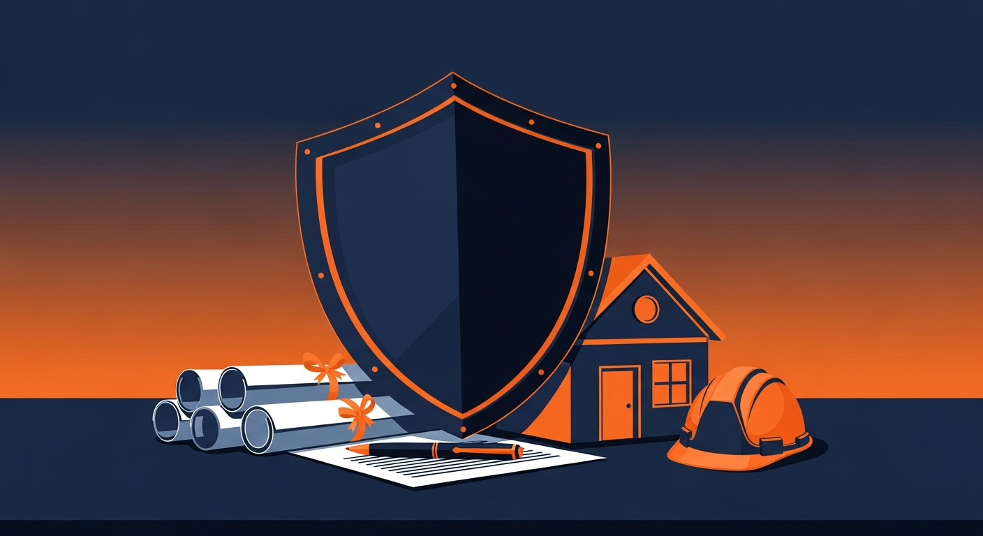 Illustration of a large protective shield covering a small house with contract documents, a pen, and a hard hat in front