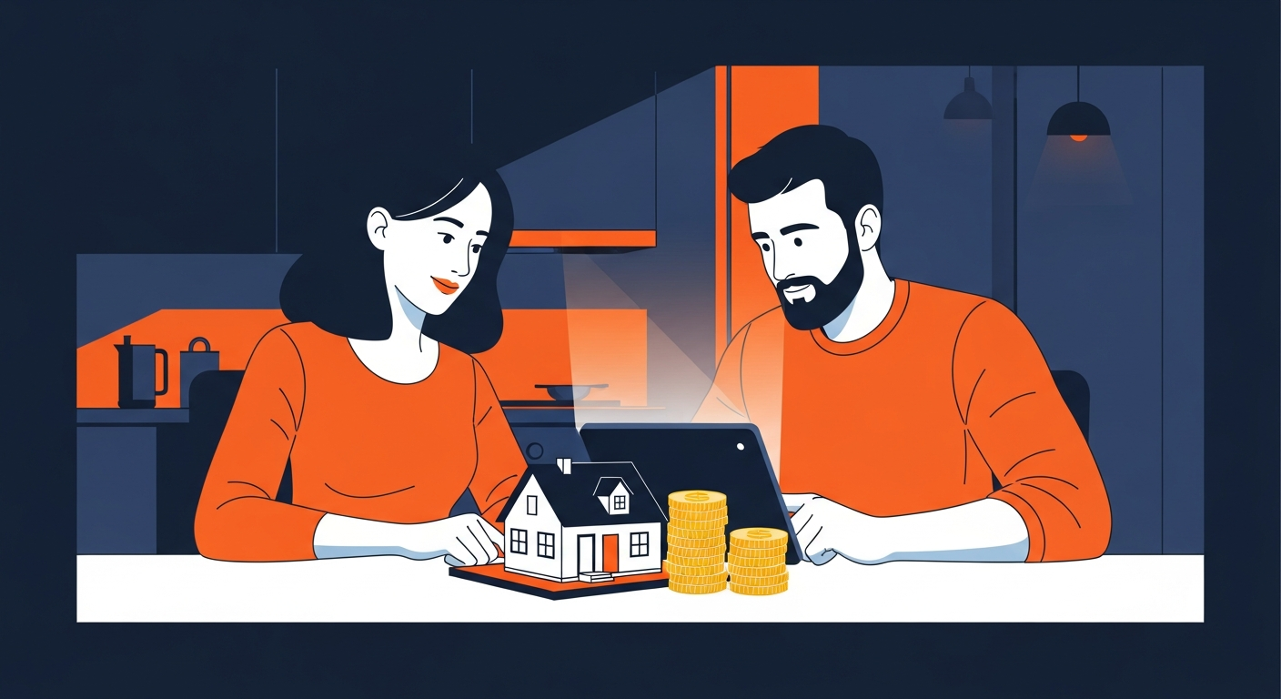 Illustration of a homeowner couple at a kitchen table viewing a tablet projecting a small house model beside stacks of coins