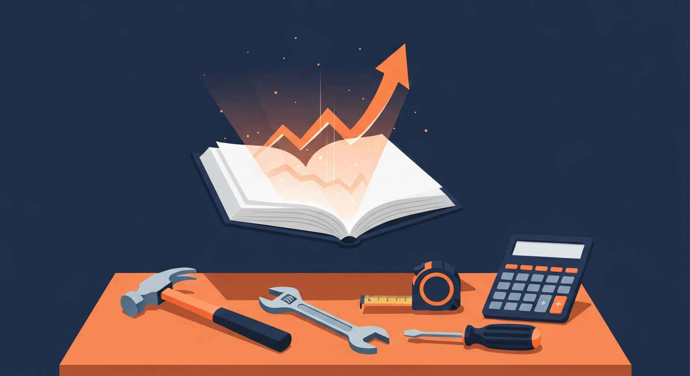 Illustration of an open playbook glowing above a workbench with construction tools, a calculator, and a rising profit arrow