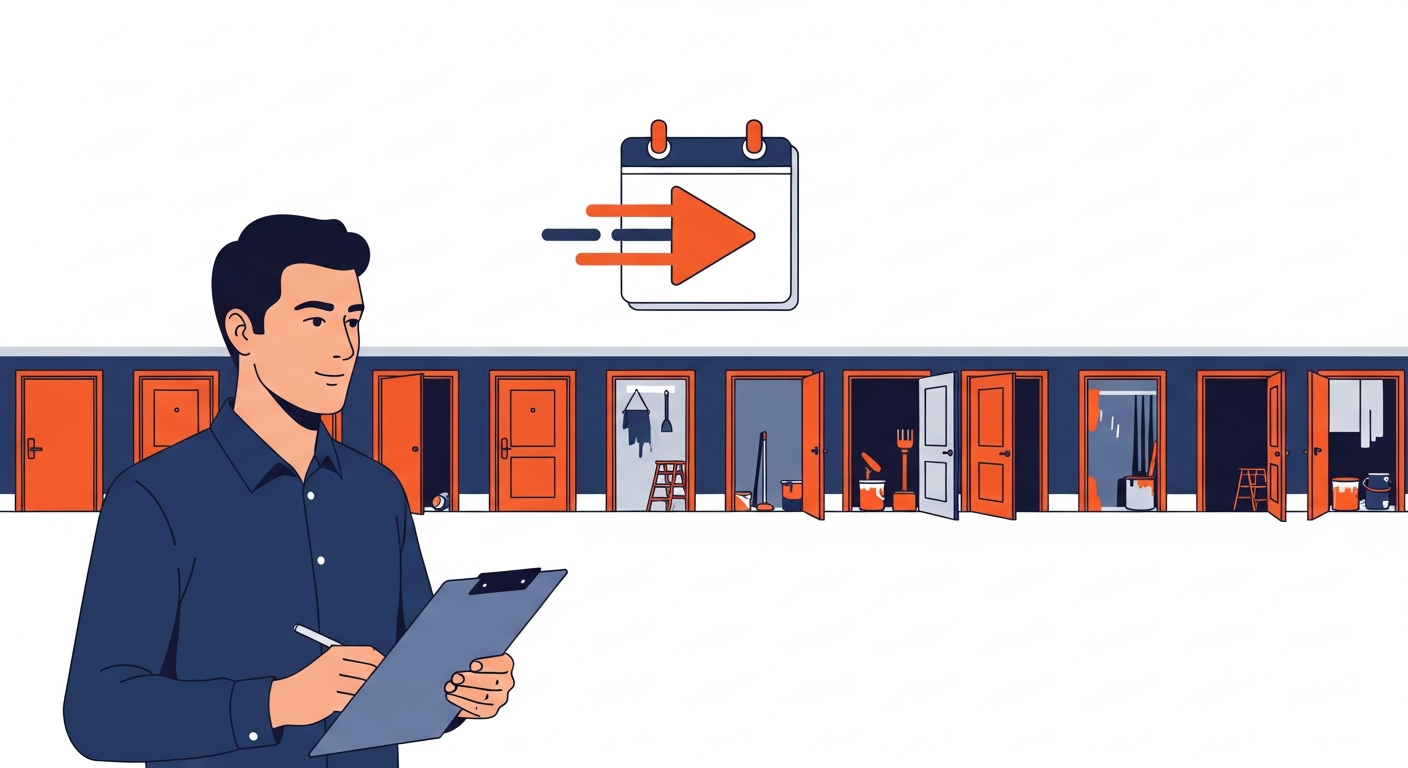 Illustration of a property manager with a clipboard before a row of apartment doors with renovations in progress and a fast-forward calendar above