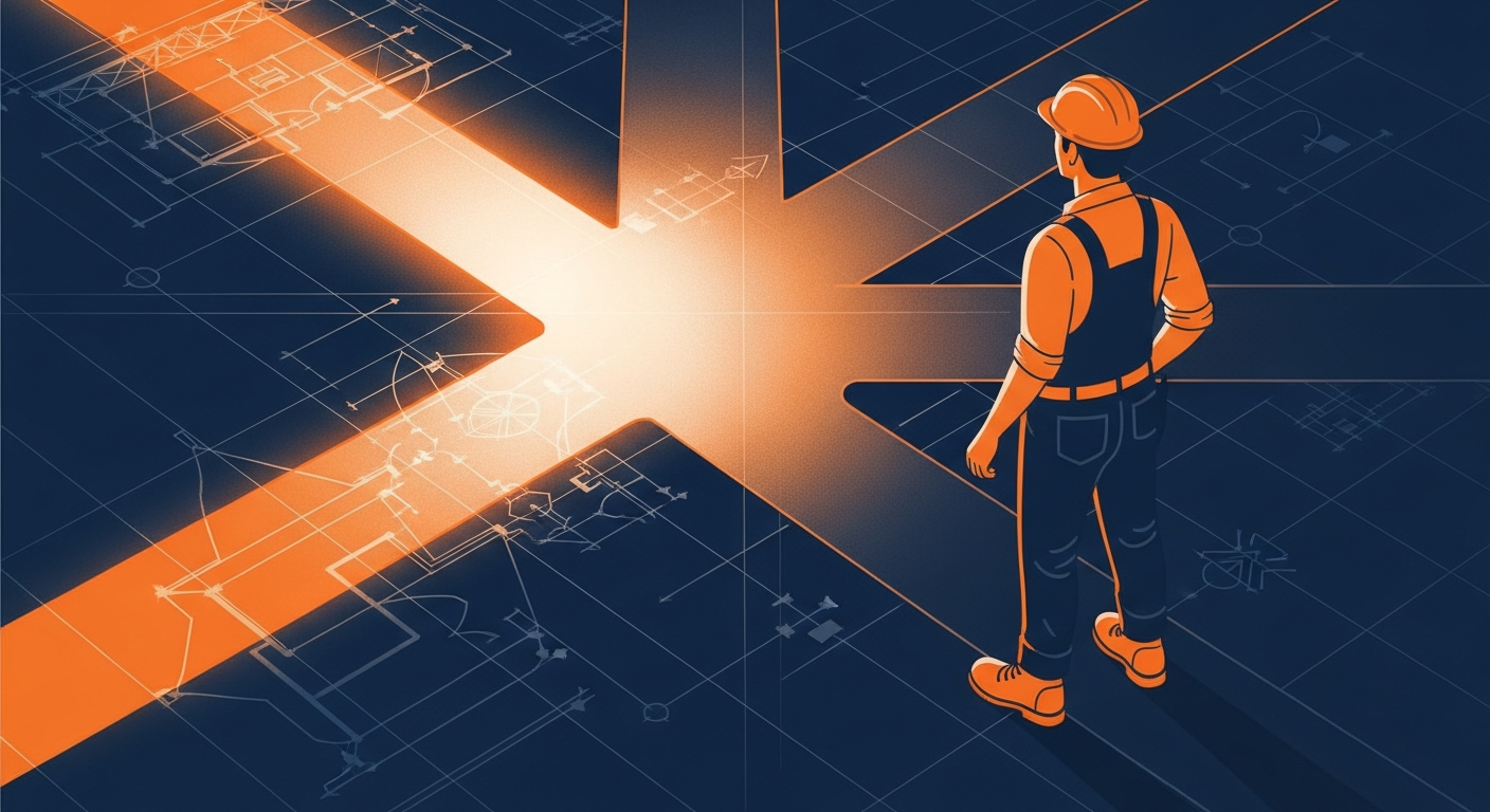 Illustration of a contractor at a crossroads of three diverging paths on a blueprint floor, with one path glowing