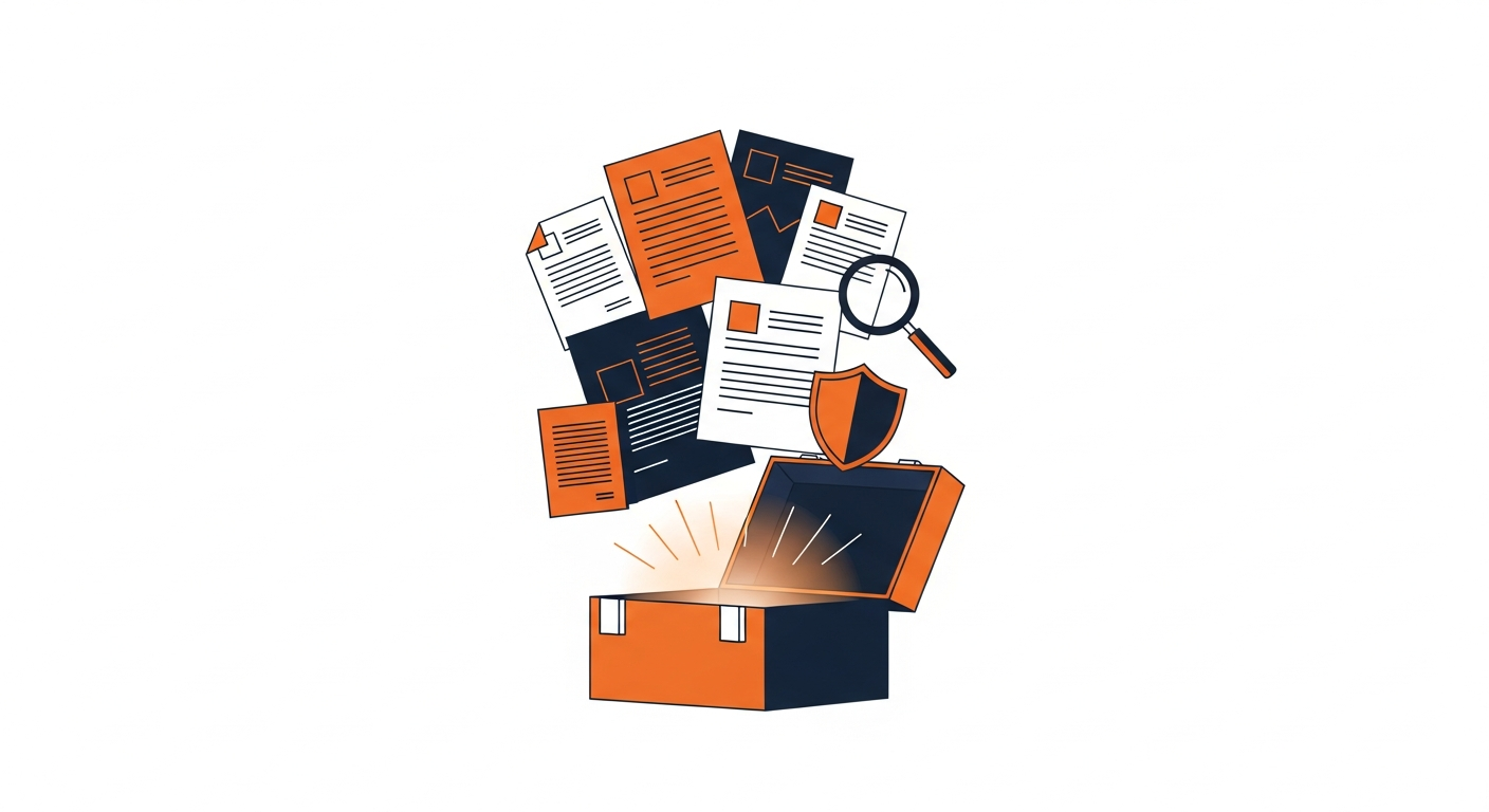 Illustration of an open toolbox radiating light with document sheets, a shield, and a magnifying glass floating above it