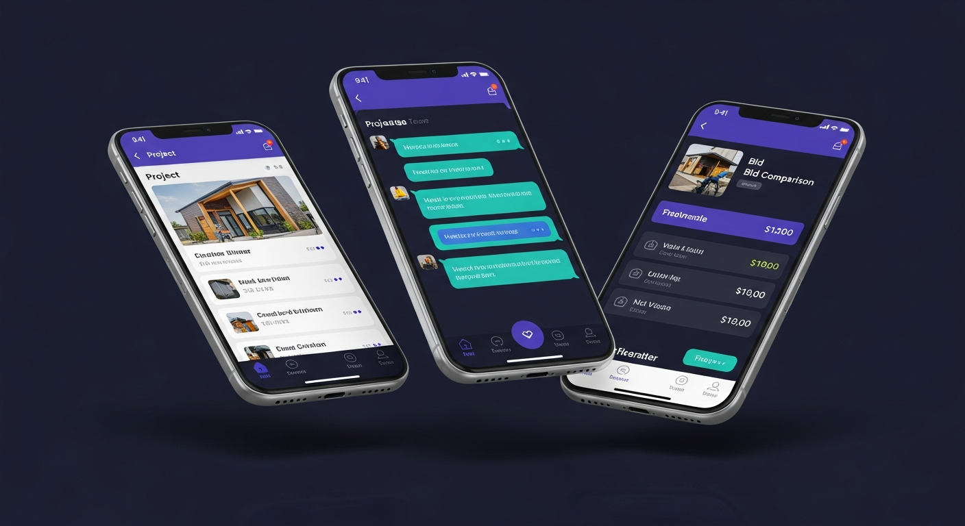 Bidroom mobile app on three smartphones showing project list, messaging, and bid comparison