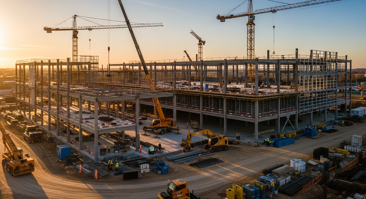 Modern commercial construction site at golden hour showing steel framework and construction crews