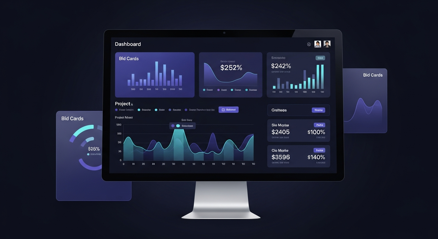 Bidroom construction management dashboard showing project analytics, bid tracking, and financial metrics