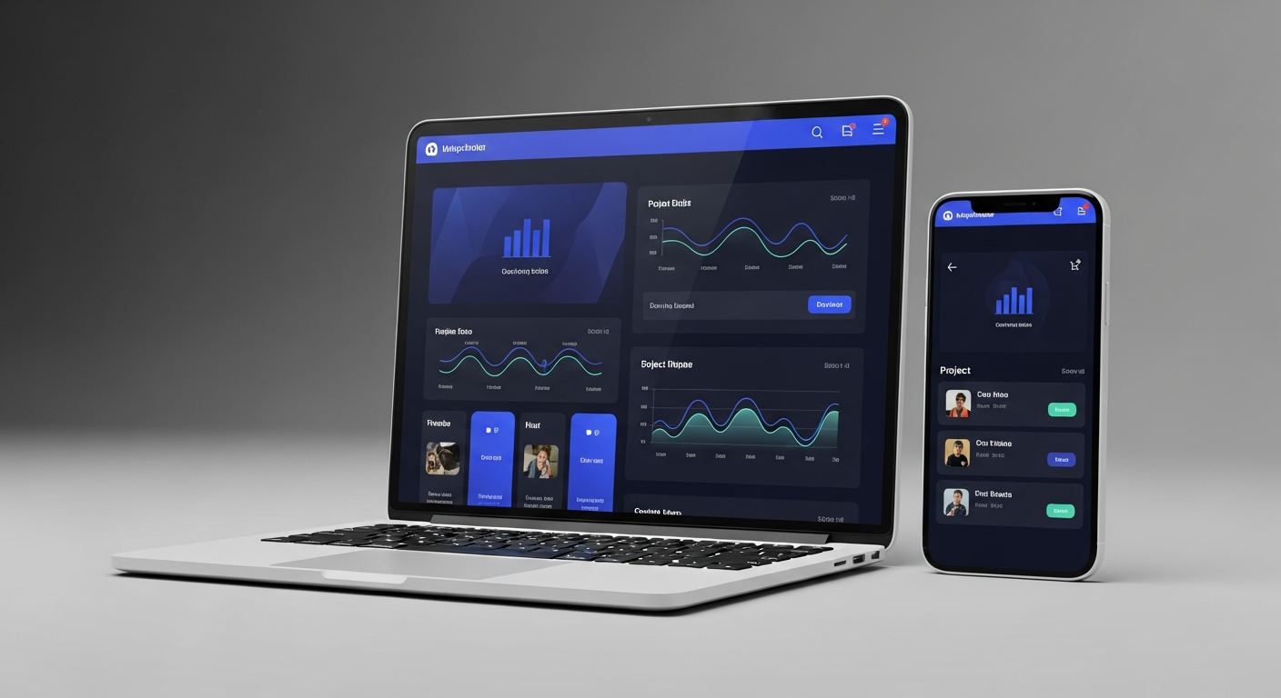 Bidroom platform displayed on laptop and mobile showing project management dashboard