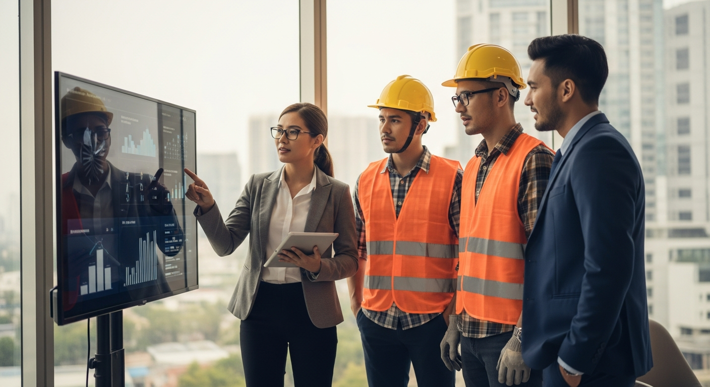 Project management team reviewing construction data